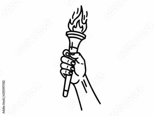 Hand holding a torch symbolizing freedom and enlightenment on a white background