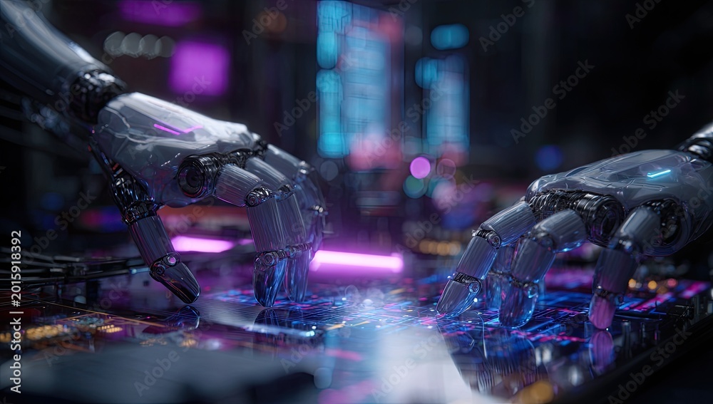 Fototapeta premium Robotic hands interact with glowing futuristic circuitry