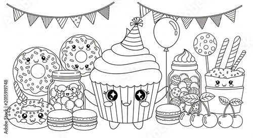 Cute Kawaii Desserts and Sweets Coloring Page for Kids.