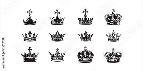Schilderij op canvas Set of twelve black royal crowns for king or queen isolated on white background for heraldic design