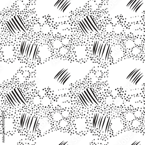 Seamless abstract textured pattern. Simple background with black, white texture. Digital brush strokes. Lines, dots. Design for textile fabrics, wrapping paper, background, wallpaper, cover.