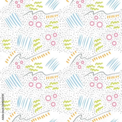 Seamless abstract textured pattern. Simple background with blue, pink, grey, green, white. Digital brush strokes. Lines, dots. Design for textile fabrics, wrapping paper, background, wallpaper, cover.