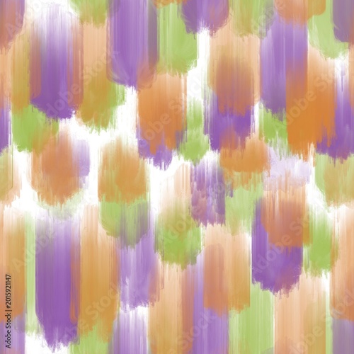 Seamless abstract textured pattern. Purple, green, orange, lime lines on white. Digital brush strokes. Design for textile fabrics, wrapping paper, background, wallpaper, cover. Illustration.