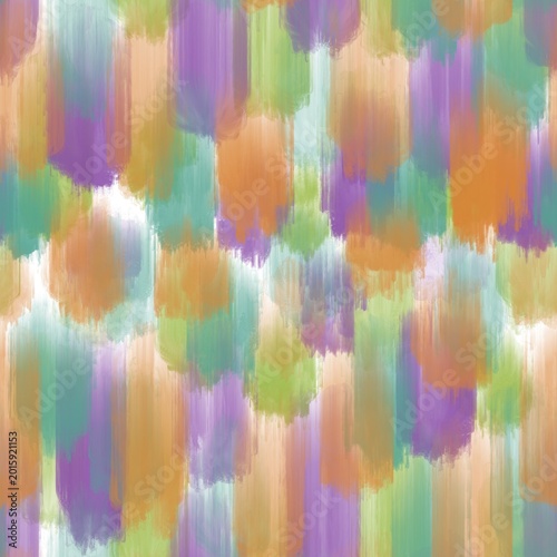 Seamless abstract textured pattern. Purple, green, orange, lime lines on white. Digital brush strokes. Design for textile fabrics, wrapping paper, background, wallpaper, cover. Illustration.