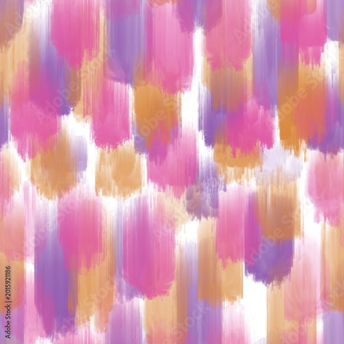 Seamless abstract textured pattern. Purple, orange, pink lines on white. Digital brush strokes. Design for textile fabrics, wrapping paper, background, wallpaper, cover. Illustration.