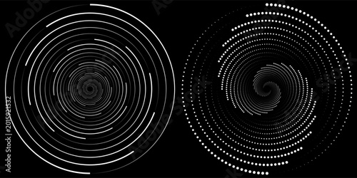 Halftone circular dotted frames set. Circle dots texture isolated on white background. Spotted spray texture. Vector abstract design element spiral circle sound wave vector logo modern black and white
