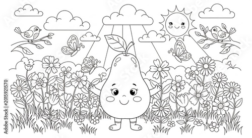 Cute Pear Character in a Sunny Flower Garden Coloring Page.