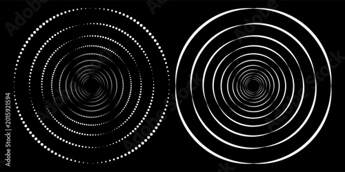 Halftone circular dotted frames set. Circle dots texture isolated on white background. Spotted spray texture. Vector abstract design element spiral circle sound wave vector logo modern black and white