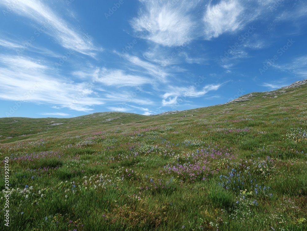 Fototapeta premium Rolling Alpine Meadow Wild Flower Hillside, Bright Summer Nature Landscape