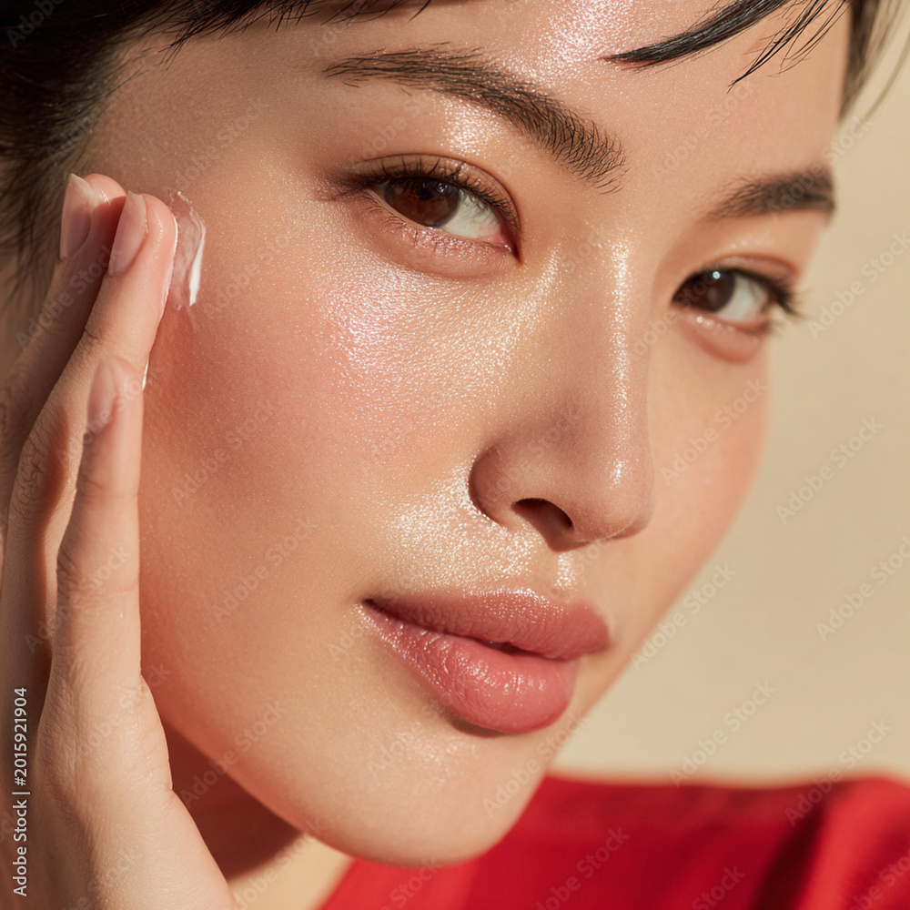 Obraz premium Radiant Thai woman applying skincare product on her face, healthy and glowing skin. image captures moment of beauty and self care, emphasizing importance of skincare routines