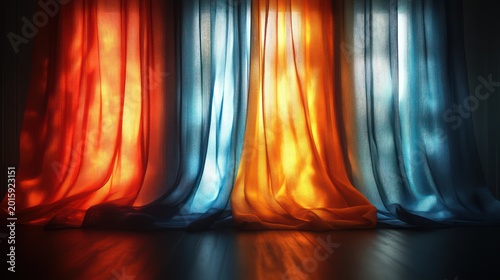 Sunlight streams through colorful curtains creating bright shadows on the floor