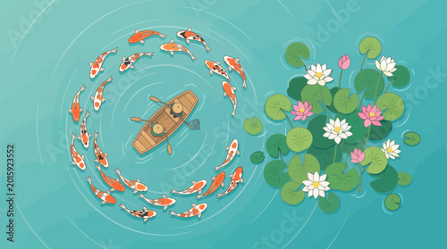 Top view vector illustration of koi fish swimming around a boat