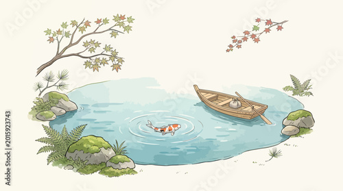 Japanese Style Watercolor Illustration of a Koi Pond and Rowboat