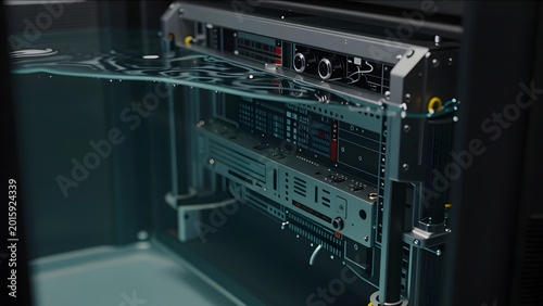 100. A premium dramatic hero of an abstract immersion cooled server bath with equipment partially submerged in clear cooling fluid, the fluid creating subtle distortions of the equipment below, atmosp