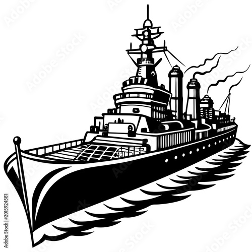 A sleek black and white vector illustration of a vintage warship sailing on wavy waters with detailed smokestacks and rigging