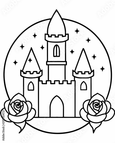 A stylish black and white vector illustration of a fairy tale castle surrounded by roses and stars in a circular frame