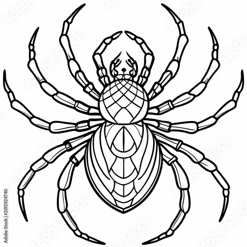 A detailed black and white vector illustration of a spider with a segmented body and eight legs shown in a clean line art style