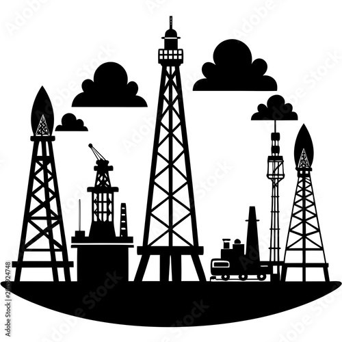 A stylish vector illustration showcasing various oil drilling rigs and industrial equipment set against a minimalist sky background