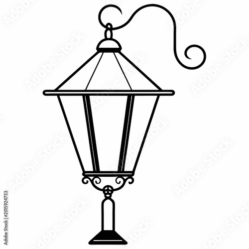 A sleek black and white vector illustration of a classic street lamp with a decorative swirl handle on top