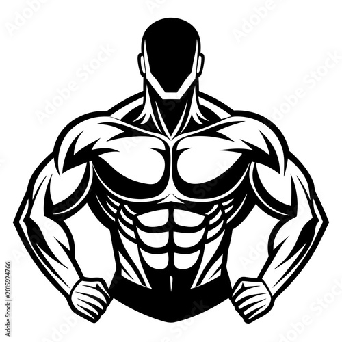 A striking black and white vector illustration of a highly muscular man flexing his arms to showcase defined physique and strength