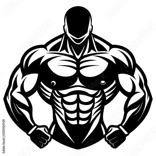 A bold black and white vector illustration of a highly muscular man flexing his arms to showcase impressive physique