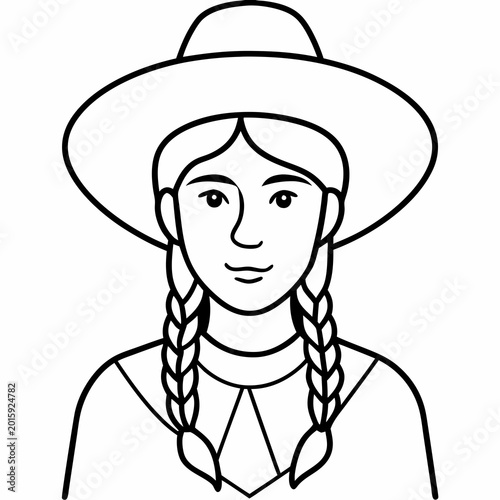 A stylish vector illustration of a woman wearing a wide-brimmed hat and braided hair with a traditional dress design