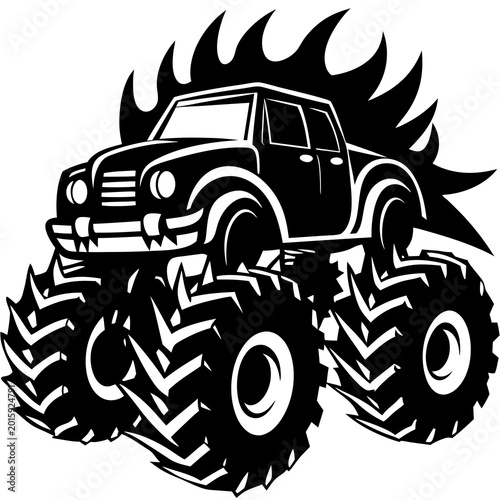 A bold black and white vector illustration of a rugged off-road truck with large tires and dynamic flames for an intense action graphic design