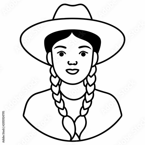 A stylish vector illustration of a smiling woman wearing braided hair and a wide-brimmed hat as minimalist clipart