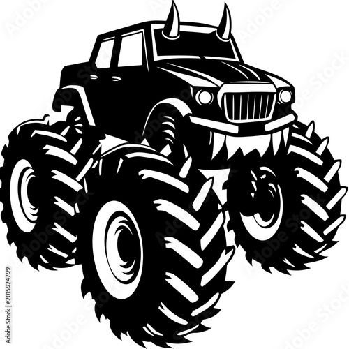 A bold black and white vector illustration of a monster truck with large off-road tires and horns on the hood