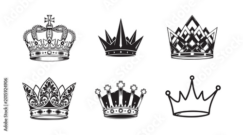 Photos Set of stylized black crowns and regal symbols for graphic design projects and royal themes