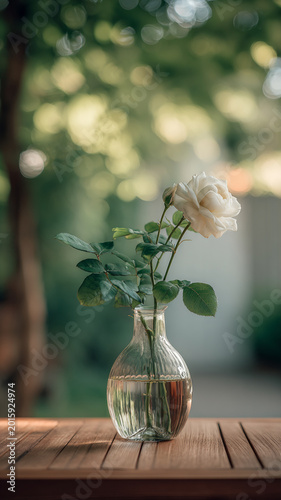 Beautiful white rose bud in clear glass vase filled with water sits elegantly on wooden table, surrounded by lush greenery. soft focus background ambiance