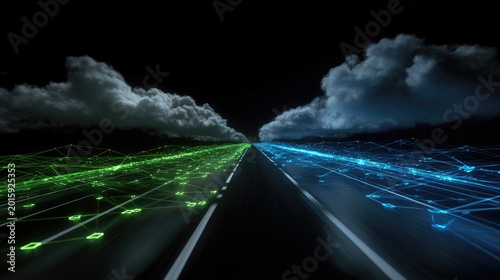 Digital highway splits into green and blue data streams under cloudy sky