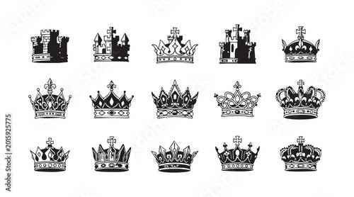 Quadro em tela Crown collection featuring medieval castle shapes and royal kingdom emblems for heraldry branding