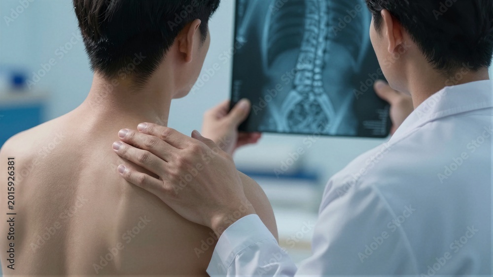 Fototapeta premium Doctor in white coat examining spine x-ray and palpating patient's back, suggesting diagnosis or treatment planning.