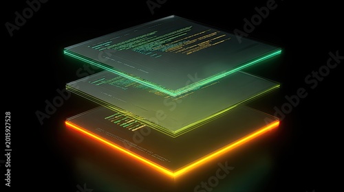 Layered code panels with glowing edges on black