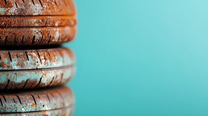 Keuken achterwand Turquoise A close-up view of two rusty tires, creating a striking visual against a vibrant turquoise backdrop and representing industrial decay and artistic expression.  © Larisa AI