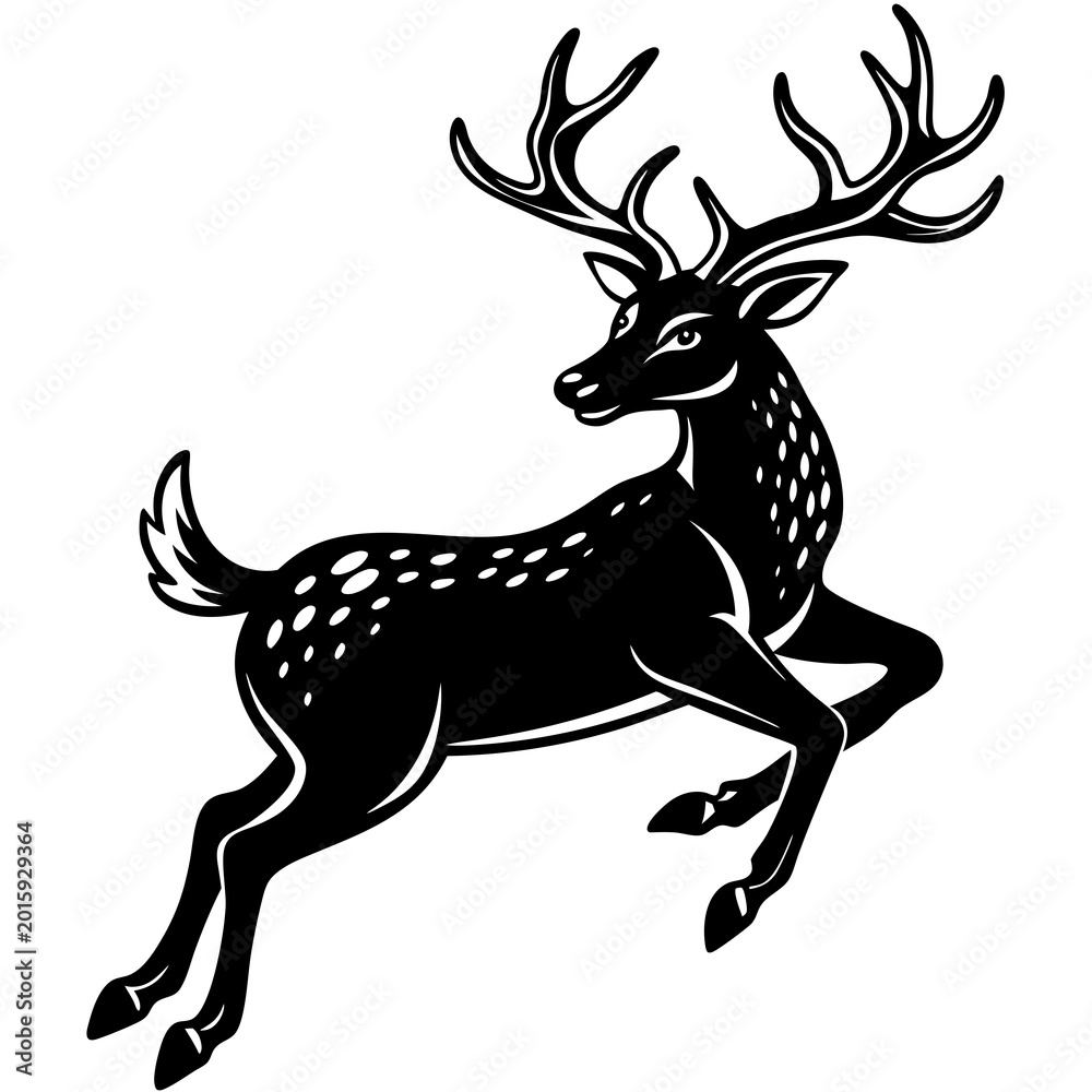 Obraz premium A sleek black and white vector illustration of a graceful deer with large antlers standing in mid-stride pose