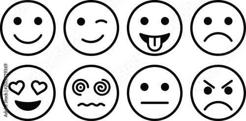 Foto Set of eight different emotion face icons with various expressions, tongue out
