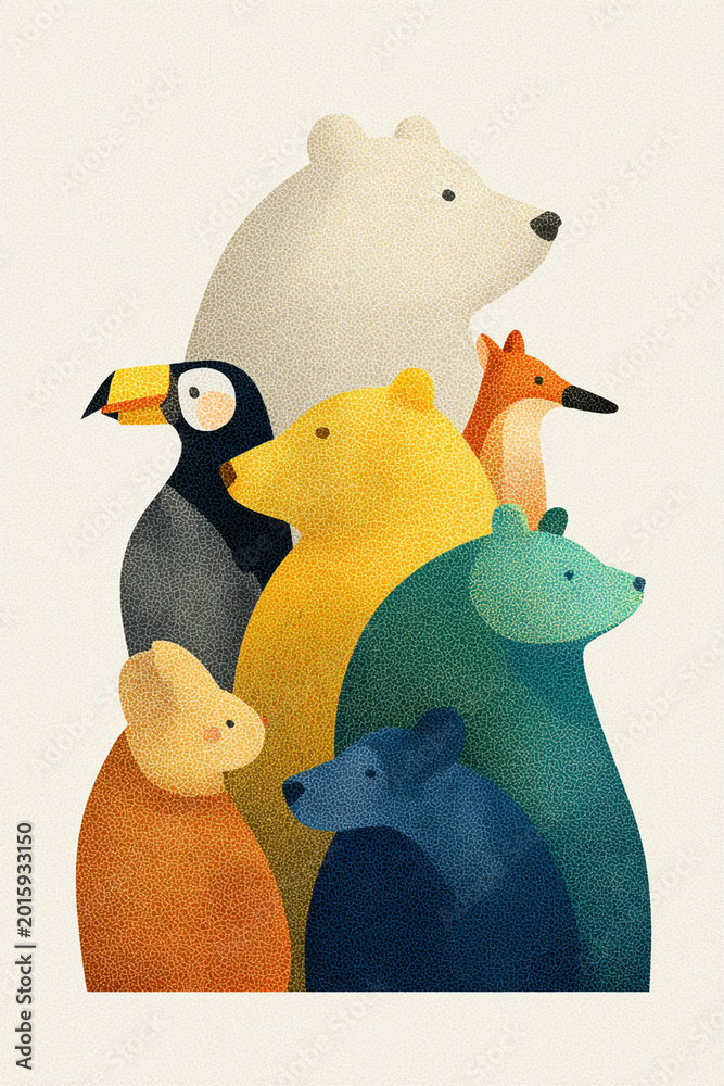 Obraz premium Colorful animal friends illustrated in minimal style, featuring bear, fox, toucan, and other wildlife. This artwork evokes sense of joy and connection with nature
