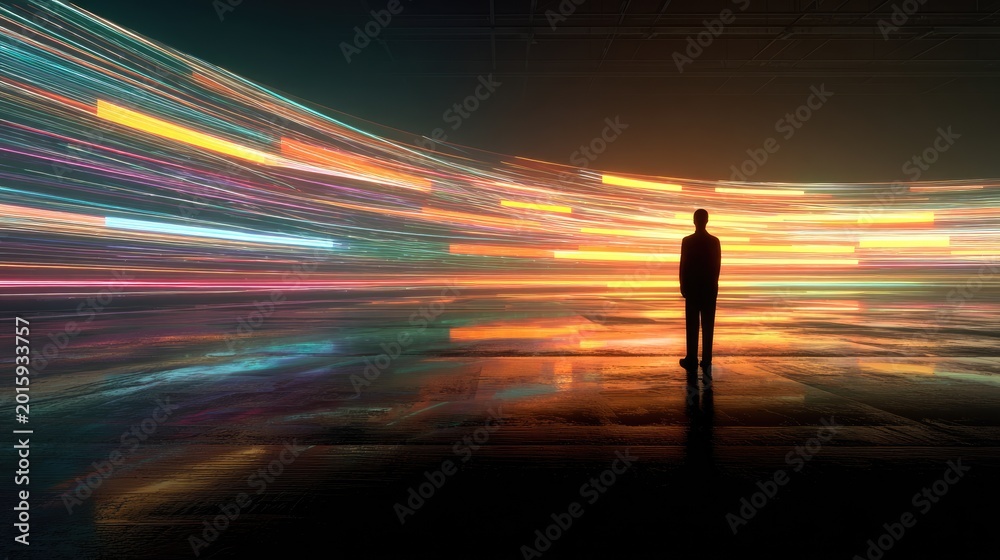Obraz premium Lone figure stands in a tunnel of light streaks