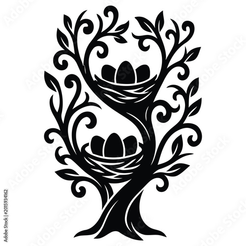 Photography Black and White victor style illustration Silhouette Tree with Two Bird Nests a