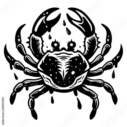 A striking black and white vector illustration of a detailed scorpion dripping with liquid for a bold and menacing design effect