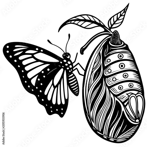 A detailed black and white vector illustration shows a monarch butterfly emerging from its striped chrysalis with leafy branches nearby