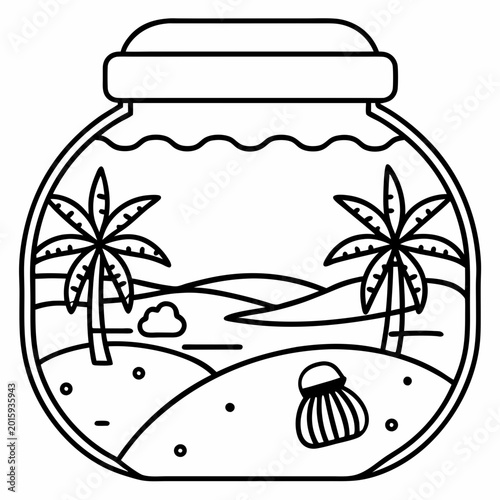 A charming vector illustration of a jar containing a tropical beach scene with palm trees and a seashell inside it