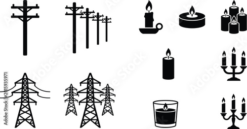 Foto Silhouette Collection of Electrical Poles, Transmission Towers, and Candle Desig