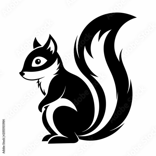 A sleek black and white vector illustration of a sitting squirrel with a fluffy tail and detailed features for use in logos or designs