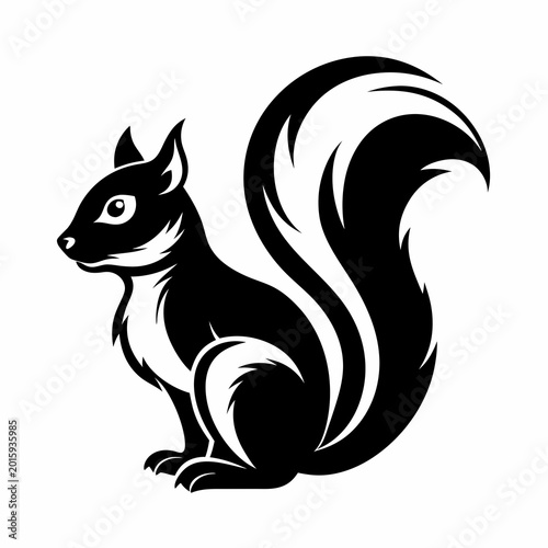 A sleek black and white vector illustration of a sitting squirrel with a fluffy tail and detailed fur texture