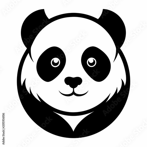 A cute black and white vector illustration of a smiling panda face designed as a minimalist icon with a transparent background