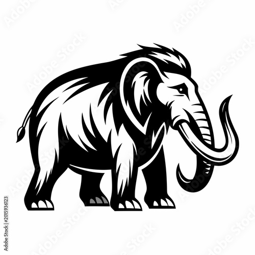 A sleek black and white vector illustration of a woolly mammoth standing in a minimalist and stylized design.