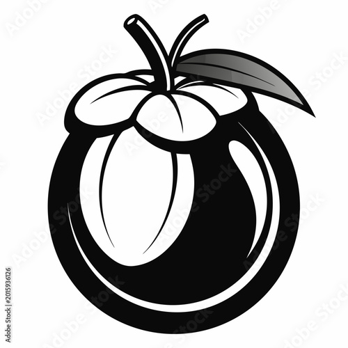 A sleek black and white vector illustration of a mangosteen fruit with its characteristic leaves on top